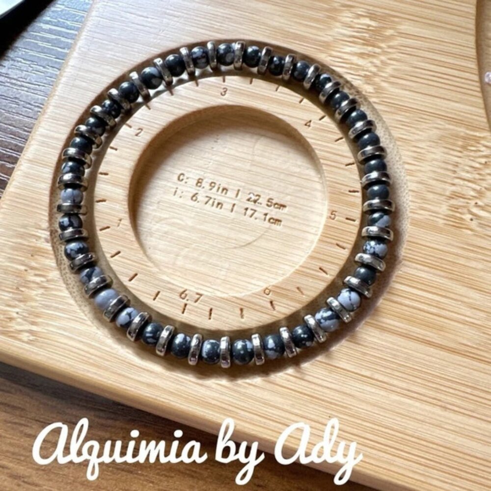Snowflake Obsidian Bracelet — Polished Black & White Stone